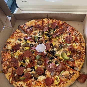 Hometown Pizzeria - Groton - Now that's a hot pizza pie!! Perfect Large Supreme pizza with soft thick crust and a crispy outside. - Pizza Near Me - Groton, New York