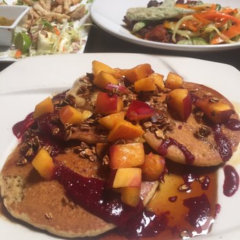Millennium - Horchata dancakes (not pancakes!) with nectarine, blackberry sauce, almond granola and whipped tofu sweet butter! - Vegan Near Me - Oakland, California