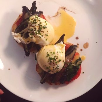 Hemisphere Bistro - Eggs Benedict! Vegetarian style with grilled portobello - French Near Me - Bettendorf, Iowa