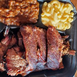 Jacks Bar-B-Que - 3 meat combo - ribs, brisket, pulled pork, baked beans, Mac and cheese