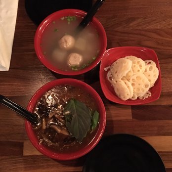 Taipei Cafe - Pork ball and turnip soup (top left), squid in thick broth (bottom left), spicy pickled lotus root (right) - Taiwanese Near Me - Chicago, Illinois