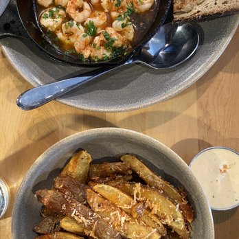 The Cookery - Peanut potato jo-jos (bottom) & spot shrimp "pil pil" (top) - Seafood Near Me - Seward, Alaska
