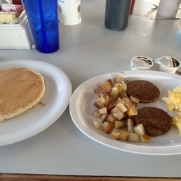 Eggs, sausage, home fries, pancake Eggs, sausage, home fries, pancake