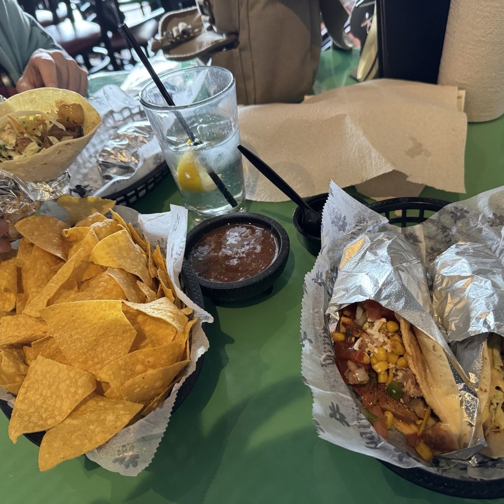 Salsa & chips, 2 El Jefe tacos and 2 Built-To-Order tacos.