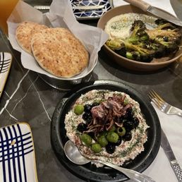 Charred broccoli, pita and air fried olives with Vegan "Labneh" & Air Fried Olives Charred broccoli, pita and air fried olives with Vegan "Labneh" & Air Fried Olives