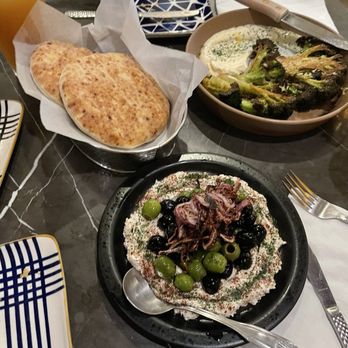 Mazal - Charred broccoli, pita and air fried olives with Vegan "Labneh" & Air Fried Olives - Wine Bars Near Me - Los Angeles, California Mazal - Charred broccoli, pita and air fried olives with Vegan "Labneh" & Air Fried Olives - Wine Bars Near Me - Los Angeles, California