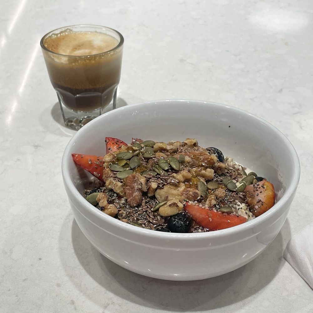 For Five Coffee Roasters - Cortado (too much foam) and very tasty overnight oats. - Coffee Roasteries Near Me - Washington, DC, District of Columbia