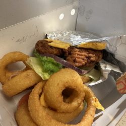 The Burger Den - 1/2 bun sandwich with cheese stuck on wrapper. 6 onion rings. Bland to the maximum potential.