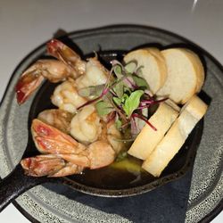 Side Work - Prawn skillet with toasted points and incredible sauce