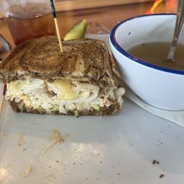 This was a made to order Turkey, Swiss, Cole slaw, thousand island dressing on marble rye grilled. And Chicken Noodle Soup. This was a made to order Turkey, Swiss, Cole slaw, thousand island dressing on marble rye grilled. And Chicken Noodle Soup.