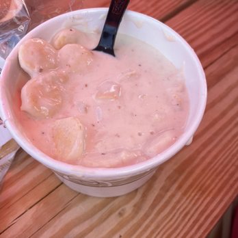 Liv's Shack - New England clam chowder (red tint is from the red umbrella above) - Seafood Near Me - Old Saybrook, Connecticut Liv's Shack - New England clam chowder (red tint is from the red umbrella above) - Seafood Near Me - Old Saybrook, Connecticut