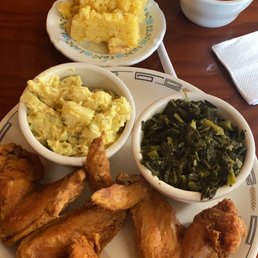 Crispy Chicken Wings w / Potato Salad and Greens  Corn Bread and Yams