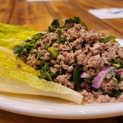 Thai Zappz - Overland Park - Larb Salad (Minced chicken, we ground our own meat). 
For chicken we use white meat
For Beef we use strip lion, not low quality hamburger.