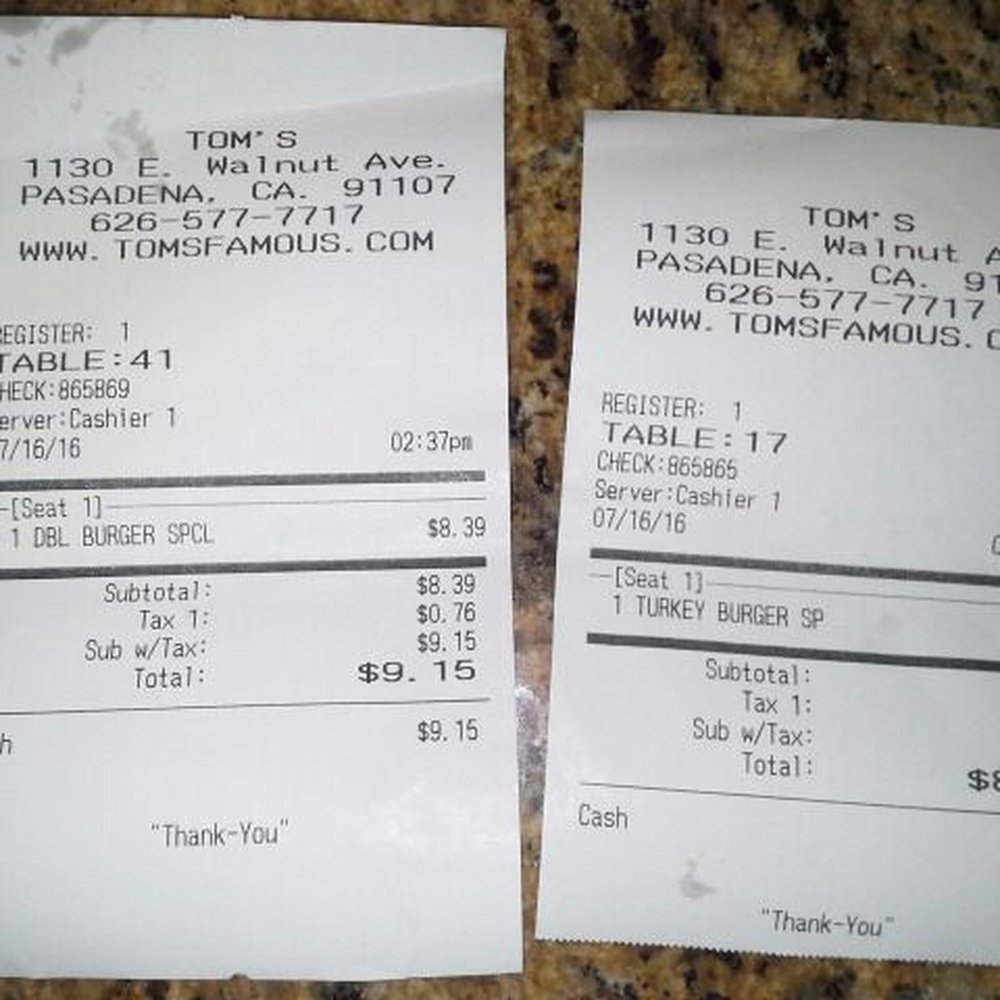 Tom's - Pasadena - Receipt showing difference in final combo prices for the initially same priced food off the menu (both $5.69 burgers) - Burgers Near Me - Pasadena, California