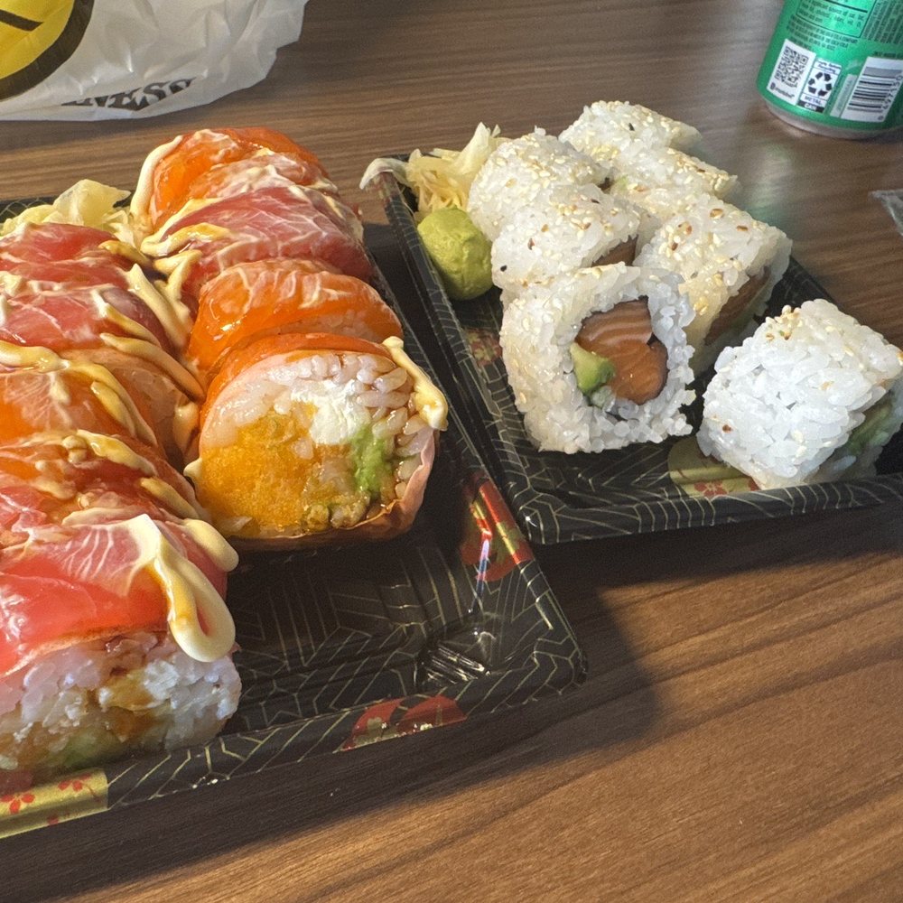 Left is the Miami Roll. Right is salmon avocado maki roll. Left is the Miami Roll. Right is salmon avocado maki roll.
