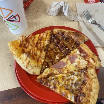 Cicis Pizza - two slices of pizza on a red plate - Pizza Near Me - Florence, Kentucky Cicis Pizza - two slices of pizza on a red plate - Pizza Near Me - Florence, Kentucky
