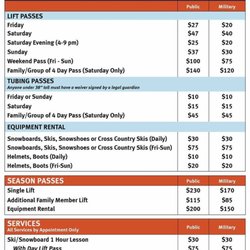 Whitetail Ridge Ski Hill - Price list