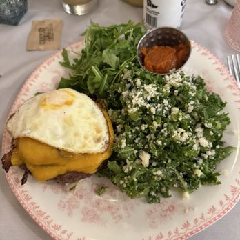flora - Brunch burger without bun - with kale Caesar salad - New American Near Me - Westhampton Beach, New York