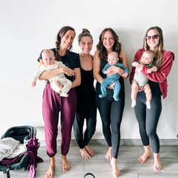 Instructor, Lisa van Leeuwen, with Baby & Me Yoga students