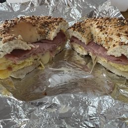 Ham egg and cheese on an everything. Ham egg and cheese on an everything.