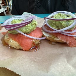 Lox bagel with free fixings including jalapeño jelly