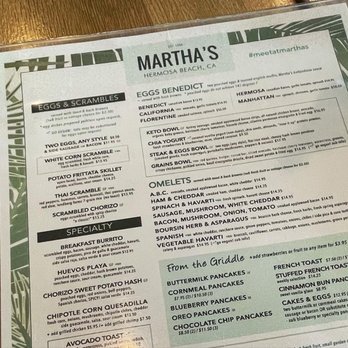 Martha's - Menu as fall 2021. - American Near Me - Hermosa Beach, California
