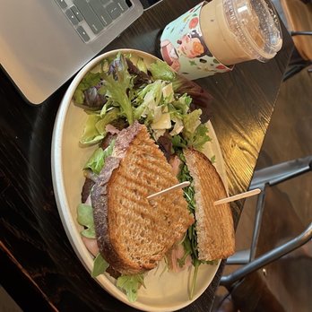 Alchemist Coffee Project - Ham and Cheese Panini and iced Spanish Latte - Coffee & Tea Near Me - Los Angeles, California
