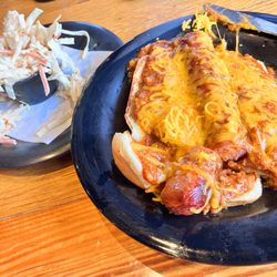Double Dogs - Chili cheese dog and a side of Cole slaw.