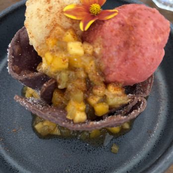 Oro by Nixta - Hibiscus tostada bowl with 3 sorbets and rhubarb compote - Mexican Near Me - Minneapolis, Minnesota Oro by Nixta - Hibiscus tostada bowl with 3 sorbets and rhubarb compote - Mexican Near Me - Minneapolis, Minnesota