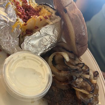 Ropers Restaurant - Hamburger steak with grilled onions, baked potato, and Texas toast - American Near Me - Sherwood, Arkansas Ropers Restaurant - Hamburger steak with grilled onions, baked potato, and Texas toast - American Near Me - Sherwood, Arkansas