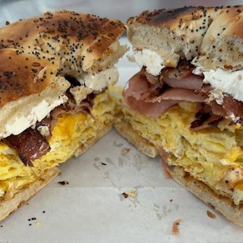The Breakfast Cart - Triple Bacon, Ham, Egg and Cheese with Cream Cheese on an Everything Bagel - Breakfast & Brunch Near Me - Orlando, Florida The Breakfast Cart - Triple Bacon, Ham, Egg and Cheese with Cream Cheese on an Everything Bagel - Breakfast & Brunch Near Me - Orlando, Florida