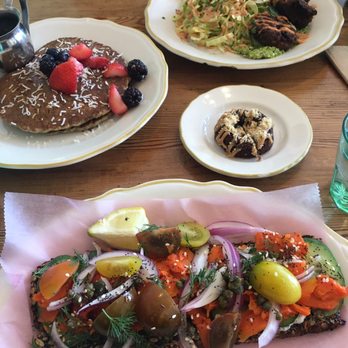 Kitchen Mouse Cafe - Lox and cream cheese toast, pancakes, peanut butter chocolate soft cookie and Moros cakes. All vegan, all yum!!! - Vegan Near Me - Los Angeles, California
