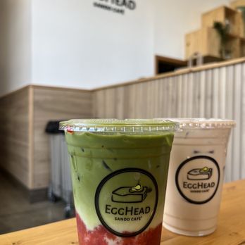Egghead Sando Cafe - Strawberry Matcha Latte & Hojicha Latte (both iced) - Sandwiches Near Me - San Jose, California