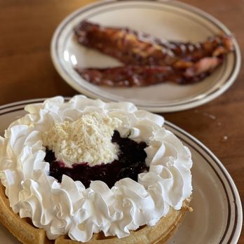 Wild Huckleberry - Waffle with huckleberries and a side of bacon - Breakfast & Brunch Near Me - Wenatchee, Washington