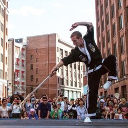 Oom Yung Doe - Instructor performing Doe (double-edge sword weapon) during a Demonstration