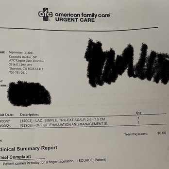 AFC Urgent Care Thornton - Information regarding who saw me and the conclusion of my laceration - Family Practice Near Me - Thornton, Colorado AFC Urgent Care Thornton - Information regarding who saw me and the conclusion of my laceration - Family Practice Near Me - Thornton, Colorado