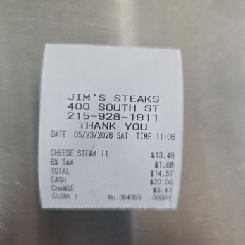 Jim's South St - Receipt - Sandwiches Near Me - Philadelphia, Pennsylvania