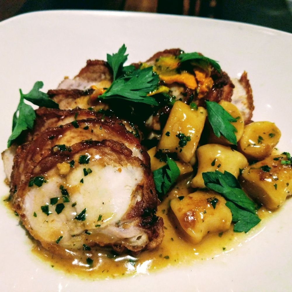 Gemma - Windy Meadows Chicken 'Porchetta' - ricotta dumplings, squash blossoms - French Near Me - Dallas, Texas Gemma - Windy Meadows Chicken 'Porchetta' - ricotta dumplings, squash blossoms - French Near Me - Dallas, Texas