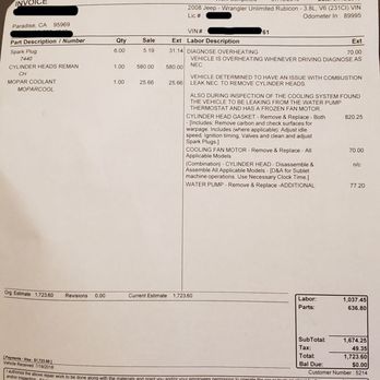 Sunrise Motors - My service invoice of $1,723 I had to spend after buying a Jeep with cracked cylinder heads. - Car Dealers Near Me - Yuba City, California Sunrise Motors - My service invoice of $1,723 I had to spend after buying a Jeep with cracked cylinder heads. - Car Dealers Near Me - Yuba City, California