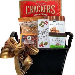 Gifts Arranged - Faux Leather Gift Basket with Gourmet Snacks and Happy Holidays Sign