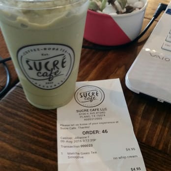Sucre Cafe - Matcha green tea smoothie, $5.36 with tax. - Desserts Near Me - Plano, Texas Sucre Cafe - Matcha green tea smoothie, $5.36 with tax. - Desserts Near Me - Plano, Texas