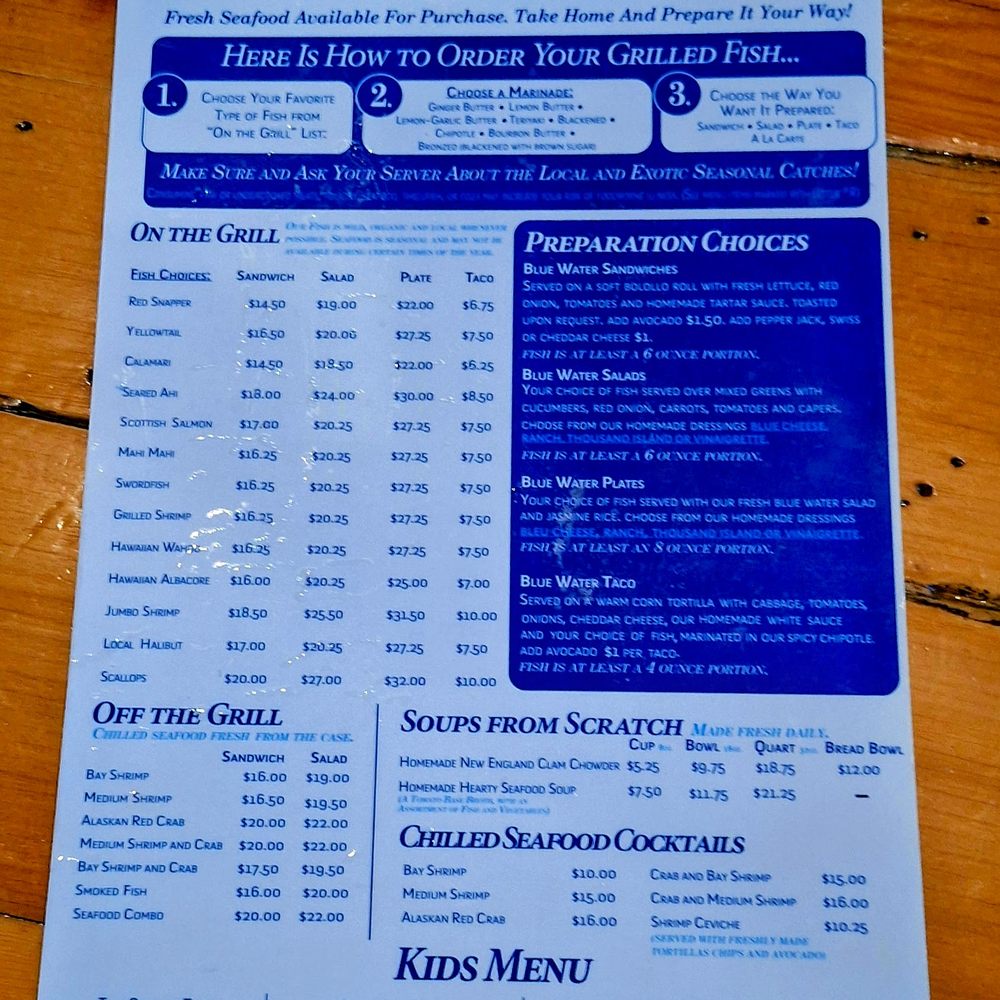 Blue Water - This is one side of their restaurant menu - Seafood Near Me - San Diego, California Blue Water - This is one side of their restaurant menu - Seafood Near Me - San Diego, California