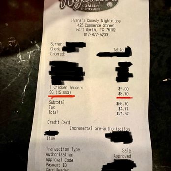 Hyena's Comedy Nightclub - You have to ask for an itemized check to catch the auto-gratuity. - Comedy Clubs Near Me - Fort Worth, Texas Hyena's Comedy Nightclub - You have to ask for an itemized check to catch the auto-gratuity. - Comedy Clubs Near Me - Fort Worth, Texas