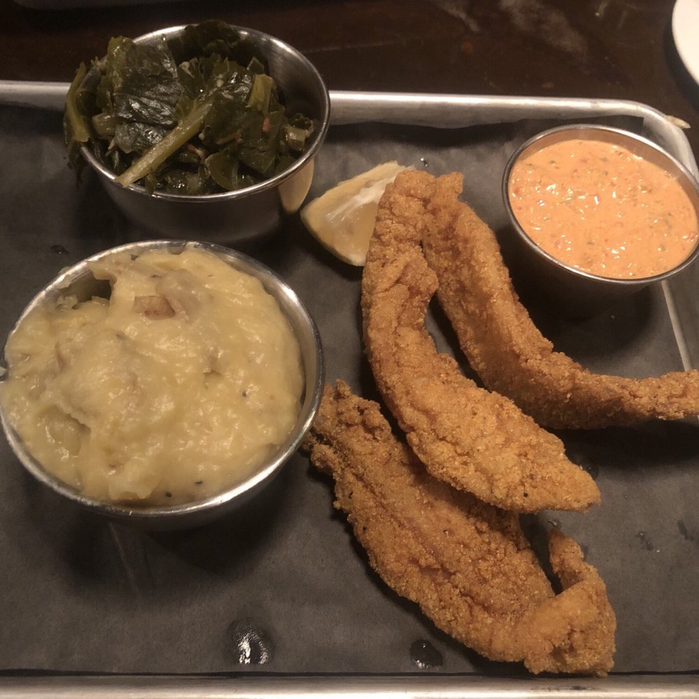 Jack Daniel's - Fried catfish, braised collard greens and pimento tartar sauce - Southern Near Me - Nashville, Tennessee Jack Daniel's - Fried catfish, braised collard greens and pimento tartar sauce - Southern Near Me - Nashville, Tennessee