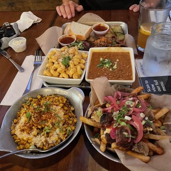 Biscuits and Bourbon - Corn, Fries, Shredded pork and Tri tip with Mac& Cheese and Beans - New American Near Me - Henderson, Nevada Biscuits and Bourbon - Corn, Fries, Shredded pork and Tri tip with Mac& Cheese and Beans - New American Near Me - Henderson, Nevada
