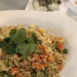 Fried rice and pork spring rolls.