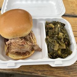 The Whistlepig BBQ - Pulled pork sandwich and collard greens