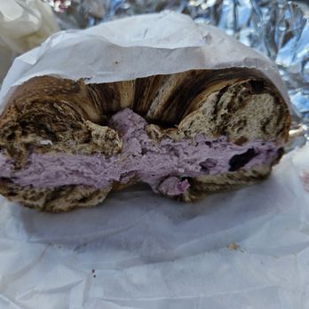 Bagel Girl - Cinnamon Raisin bagel with blueberry cream cheese. - Bagels Near Me - North White Plains, New York