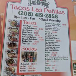 a menu for tacoss las penitas