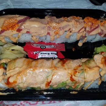 Kiriba Sushi - Red Dragon Roll on top and Tsunami Roll on bottom - Japanese Near Me - Seattle, Washington Kiriba Sushi - Red Dragon Roll on top and Tsunami Roll on bottom - Japanese Near Me - Seattle, Washington